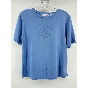 Alfred Dunner Petite Blue Floral Embroidered Knit Short Sleeve Sweater Top PL